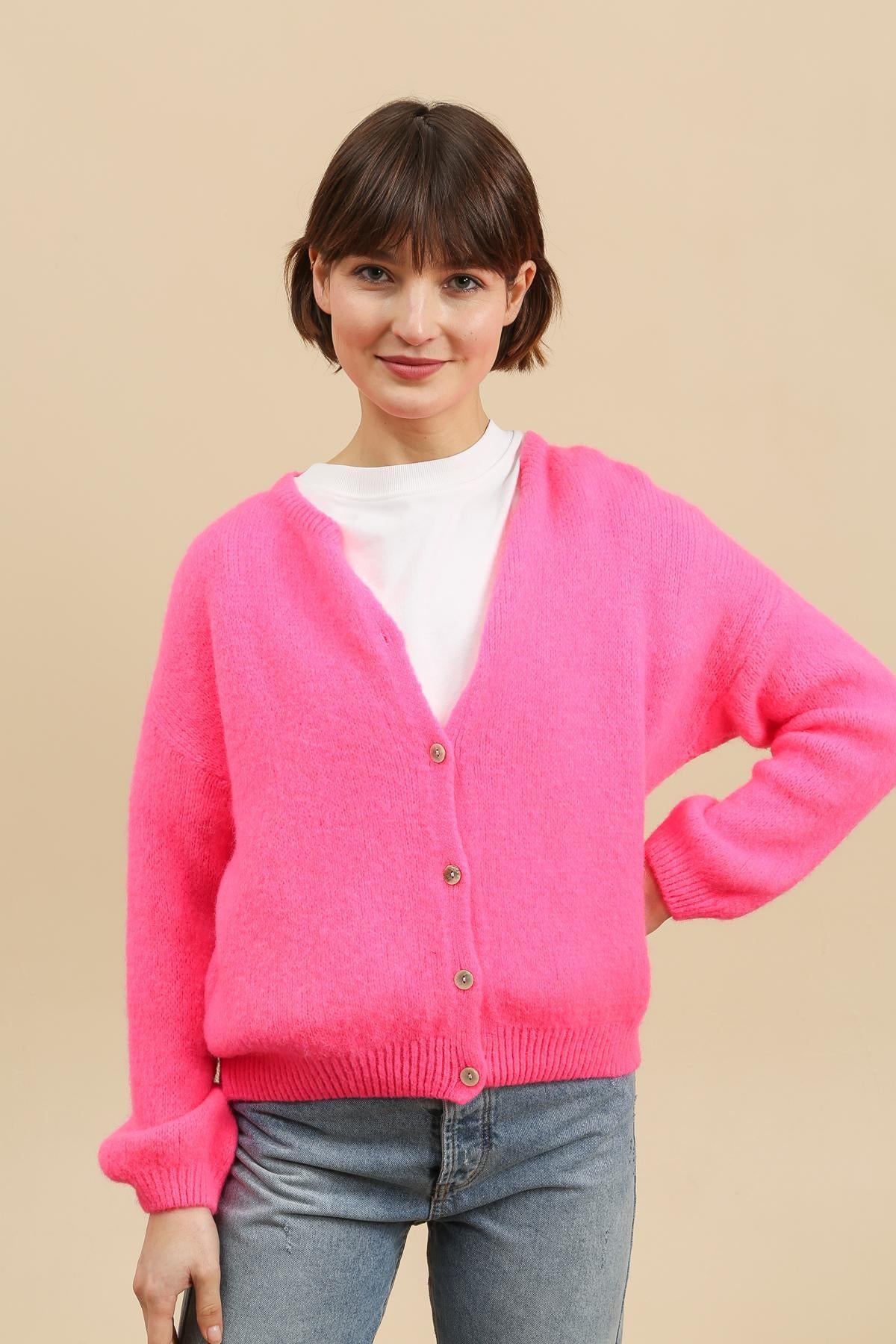 Isemarkt Cardigan aus Baby-Alpaka : Neonpink